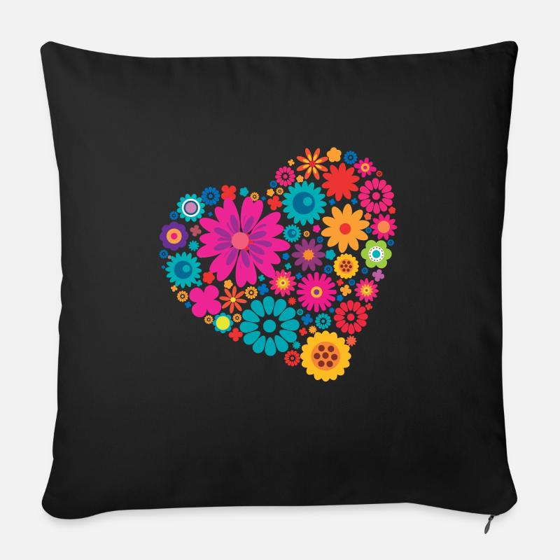 Großes Herz aus bunten Blumen - Sofakissenbezug 45 x 45 cm - Schwarz