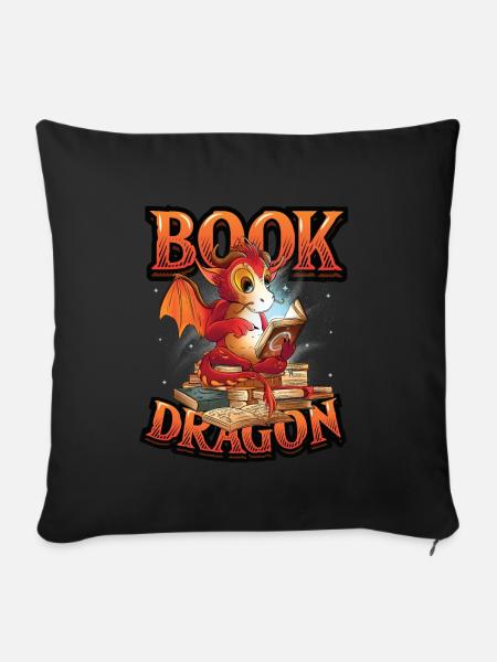 Bücherwurm, Lesebuch, Drache. - Sofakissenbezug 45 x 45 cm - Schwarz