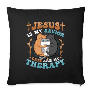 Jesus is my Savior, cats are my therapy. - Sofa pillowcase 17,3'' x 17,3'' (45 x 45 cm) - black - Front