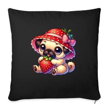 Mops mit Erdbeere Sommer Fruchtig - Sofakissenbezug 45 x 45 cm - Schwarz - Vorne