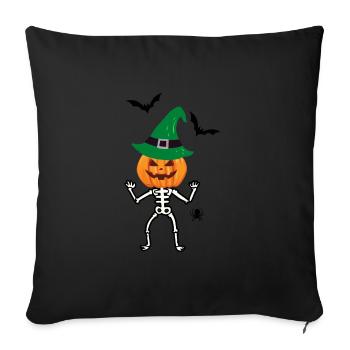 Halloween Skelett mit Kürbis, Fledermaus & Spinne - Sofakissenbezug 45 x 45 cm - Schwarz - Vorne