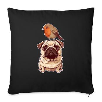 Mops mit Vogel - Sofakissenbezug 45 x 45 cm - Schwarz - Vorne