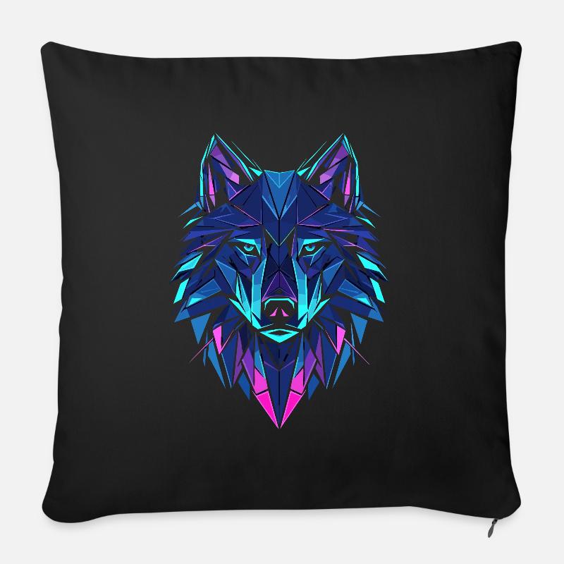 Neon Wolf – Geometrischer Wolfskopf in Blau & Lila - Sofakissenbezug 45 x 45 cm - Schwarz