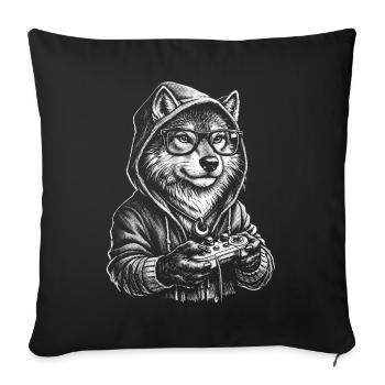 Wolfspieler im Sweatshirt – Illustration für Spielefans - Sofakissenbezug 45 x 45 cm - Schwarz - Vorne