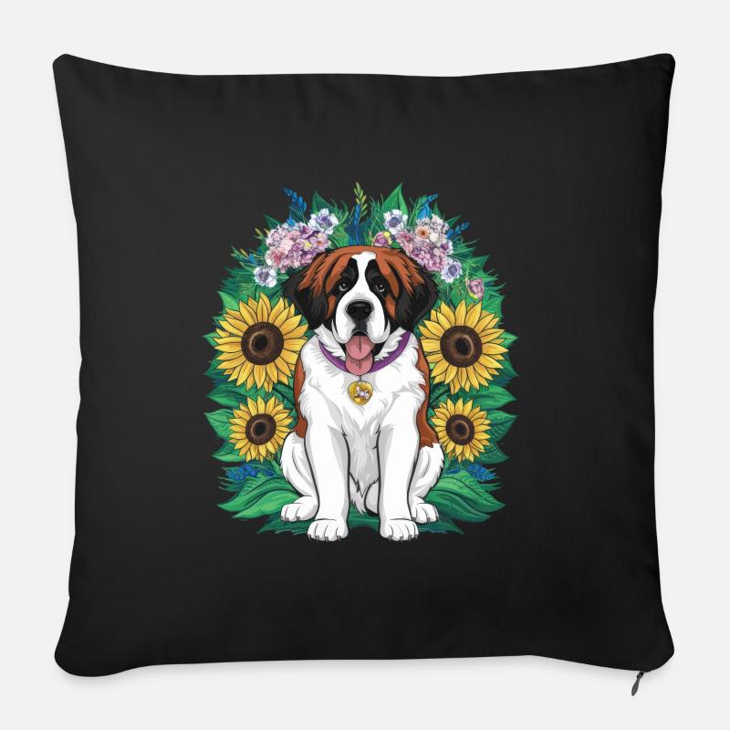 Bernhardiner mit Sonnenblumen - Sofakissenbezug 45 x 45 cm - Schwarz