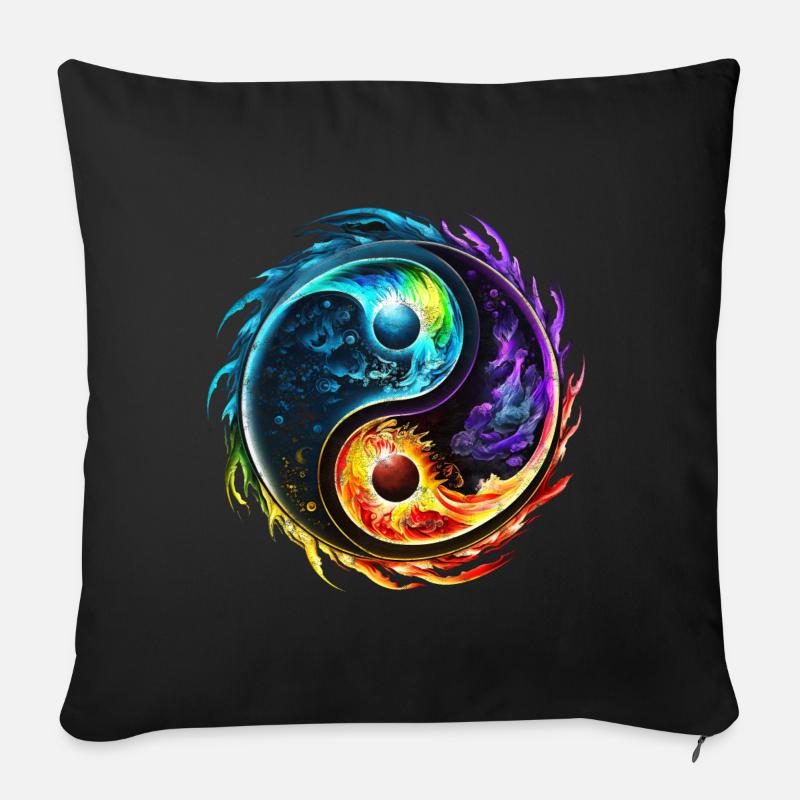 Yin Yang Symbol, Elemente, Tao, Chi, Spiritualität - Sofakissenbezug 45 x 45 cm - Schwarz