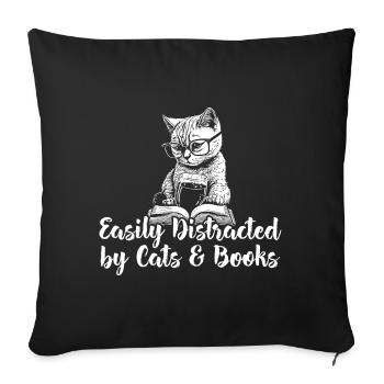 Facilement distrait par les chats et les livres Livres pour chats - Housse de coussin décorative 45 x 45 cm - noir - Devant