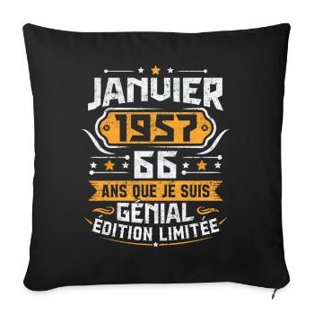 Cadeau D'anniversaire 66 Ans Janvier 1957 Vintage - Housse de coussin décorative 45 x 45 cm - noir - Devant
