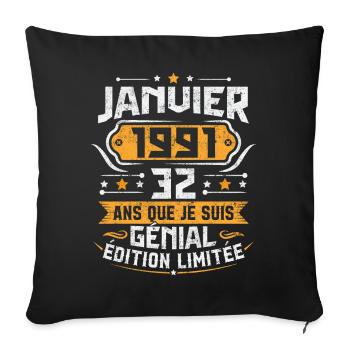 Rétro Cadeau D'anniversaire 32 Ans Janvier 1991 - Housse de coussin décorative 45 x 45 cm - noir - Devant