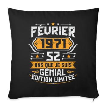 Rétro Cadeau D'anniversaire 52 Ans Février 1971 - Housse de coussin décorative 45 x 45 cm - noir - Devant