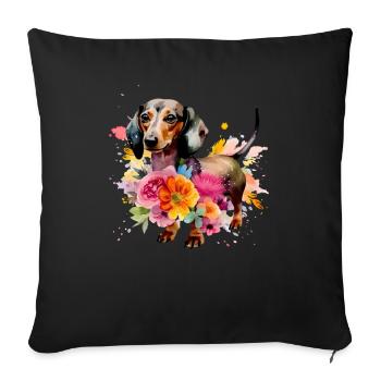 Dachshund Dog Teckel Watercolor Art Flowers - Sofa pillowcase 17,3'' x 17,3'' (45 x 45 cm) - black - Front