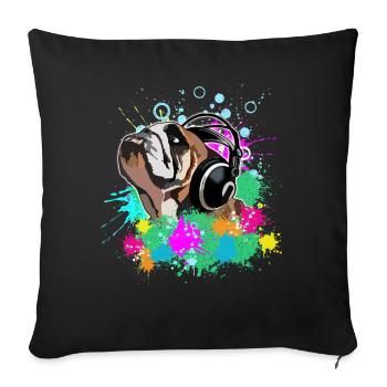 Englische Bulldogge mit Kopfhörern - Sofakissenbezug 45 x 45 cm - Schwarz - Vorne