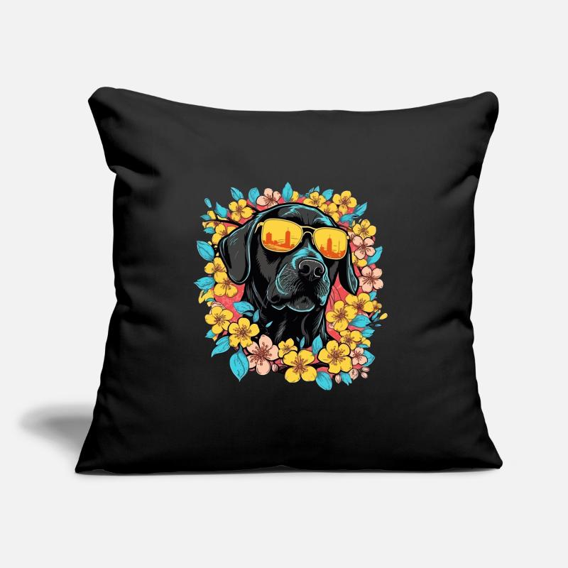 Chien Labrador Noir Et Fleurs Colorées Housse de coussin décorative 45 x 45 cm