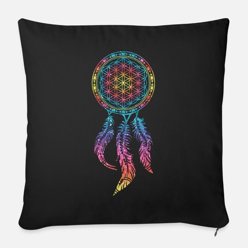 Attrape-rêves fleur de vie plumes Yoga printemps - Housse de coussin décorative 45 x 45 cm - noir