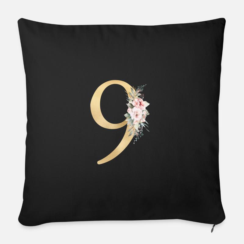 Number 9, floral, customisable - Sofa pillowcase 17,3'' x 17,3'' (45 x 45 cm) - black