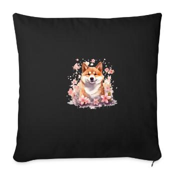 Chien japonais Shiba Inu Cherry Blossom Love - Housse de coussin décorative 45 x 45 cm - noir - Devant