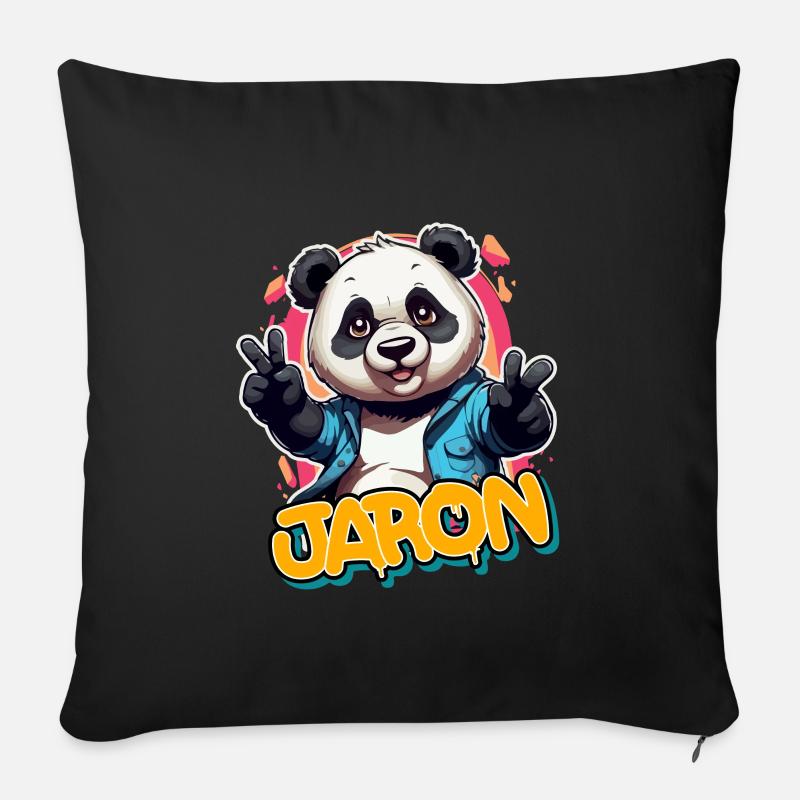 JARON - Beau nom de garçon avec Panda cool - Housse de coussin décorative 45 x 45 cm - noir