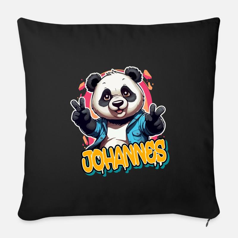 JOHANNES - Schöner Jungen Name mit coolem Panda - Sofakissenbezug 45 x 45 cm - Schwarz