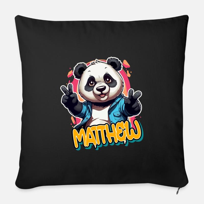 MATTHEW - Beau nom de garçon avec Cool Panda - Housse de coussin décorative 45 x 45 cm - noir