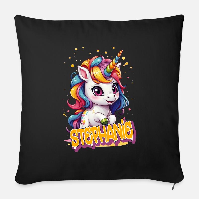 STEPHANIE - Schöner Mädchen Name mit süßem Einhorn - Sofakissenbezug 45 x 45 cm - Schwarz