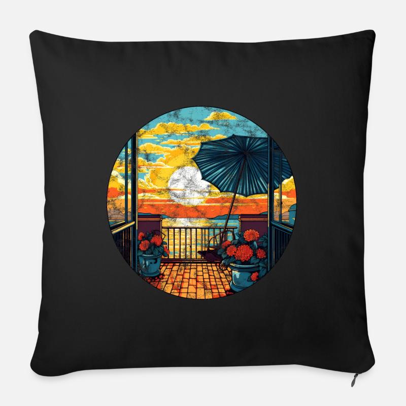 Vacances sur le balcon, le parasol, le soleil, la mer - Housse de coussin décorative 45 x 45 cm - noir