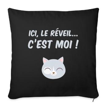 Ici, le réveil c'est moi ! le chat - Housse de coussin décorative 45 x 45 cm - noir - Devant