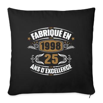 Cadeau d'anniversaire 25 ans, Fabriqué en 1998 - Housse de coussin décorative 45 x 45 cm - noir - Devant