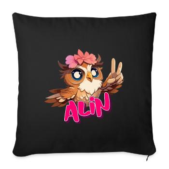ALIN - Schöner Mädchen Name mit süßer EULE - Sofakissenbezug 45 x 45 cm - Schwarz - Vorne