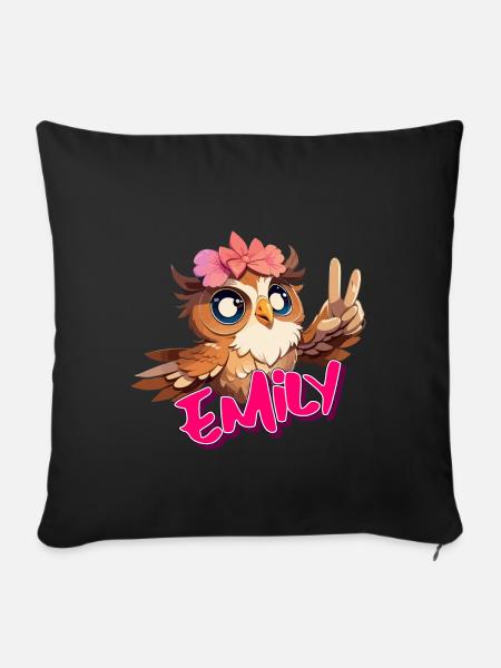 EMILY - Schöner Mädchen Name mit süßer EULE - Sofakissenbezug 45 x 45 cm - Schwarz