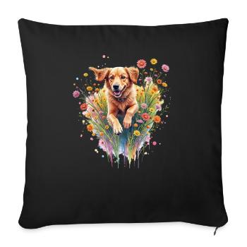 Chien jouant dans les fleurs - Housse de coussin décorative 45 x 45 cm - noir - Devant