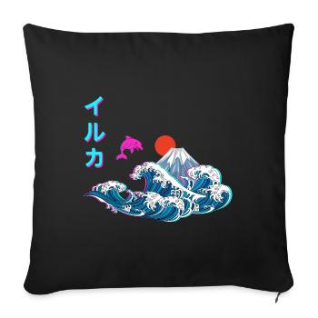 Vaporwave japonaise Grande vague de Kanagawa - Housse de coussin décorative 45 x 45 cm - noir - Devant