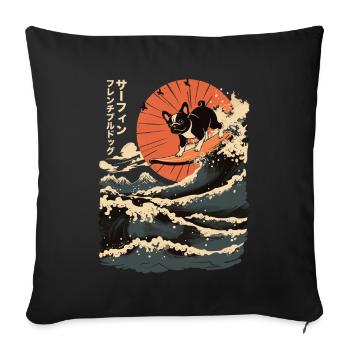 Bouledogue français Animal Japonais Surf Plage Vague - Housse de coussin décorative 45 x 45 cm - noir - Devant