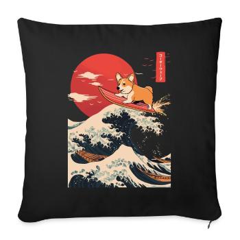 Corgi chien Hund Animal Japonais Surf Plage Vague - Housse de coussin décorative 45 x 45 cm - noir - Devant