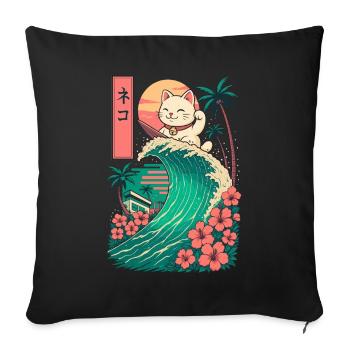 Cat Katze Animal Japanese Surfing Flower Sunset - Sofa pillowcase 17,3'' x 17,3'' (45 x 45 cm) - black - Front