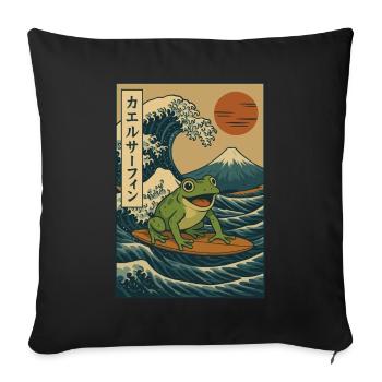 Surfender Frosch, Japanische Welle, Kunst, Berg Fuji, Rote Sonne - Sofakissenbezug 45 x 45 cm - Schwarz - Vorne
