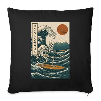 Skeleton Surfing Japanese Wave Mt Fuji Retro Art - Sofa pillowcase 17,3'' x 17,3'' (45 x 45 cm) - black - Front