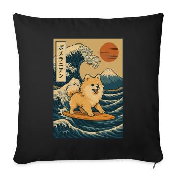 Chien de Poméranie Amoureux Surf Grande Vague Mont Fuji - Housse de coussin décorative 45 x 45 cm - noir - Devant