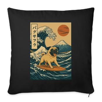 Carlin Chien Amoureux Surf Japonais Vague Mont Fuji Art - Housse de coussin décorative 45 x 45 cm - noir - Devant