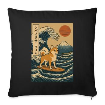 Shiba Inu Dog Surfing Japanese Wave Art Mount Fuji - Sofa pillowcase 17,3'' x 17,3'' (45 x 45 cm) - black - Front