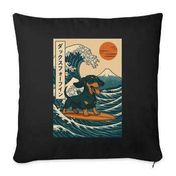 Dachshund Dog Lover Surfing Japanese Wave Art - Sofa pillowcase 17,3'' x 17,3'' (45 x 45 cm) - black - Front