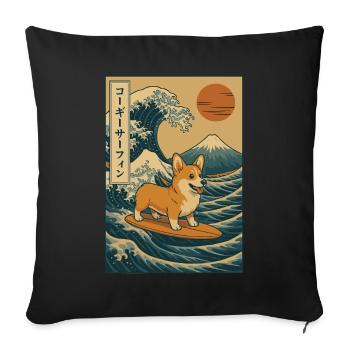 Corgi Dog Surfing Wave Mount Fuji Japanese Art - Sofa pillowcase 17,3'' x 17,3'' (45 x 45 cm) - black - Front