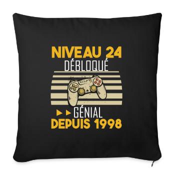 niveau 24 débloqué génial depuis 1998 - Housse de coussin décorative 45 x 45 cm - noir - Devant
