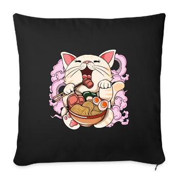 Ramen Eating Cat Kawaii Anime Baka Japonais - Housse de coussin décorative 45 x 45 cm - noir - Devant