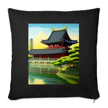 Haruno Illustration du temple japonais Japon - Housse de coussin décorative 45 x 45 cm - noir - Devant