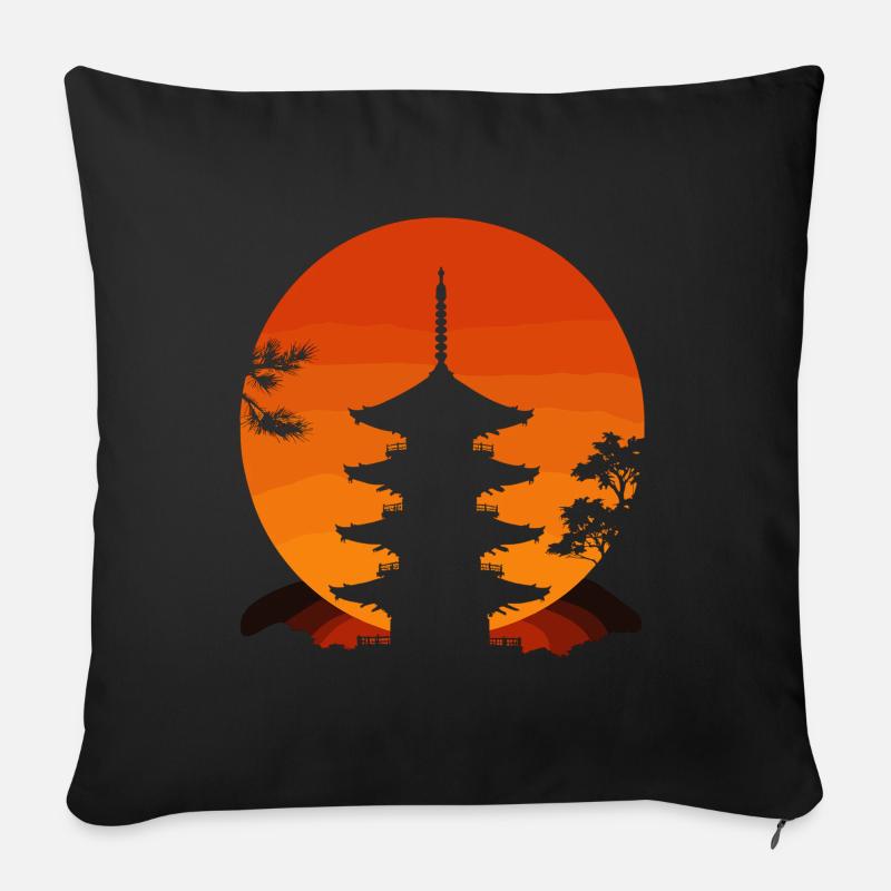 Temple japonais au coucher du soleil - Housse de coussin décorative 45 x 45 cm - noir