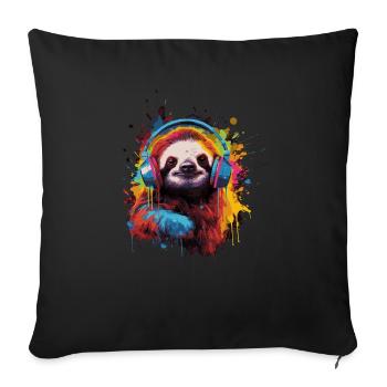 Sloth listening to music with headphones - Sofa pillowcase 17,3'' x 17,3'' (45 x 45 cm) - black - Front
