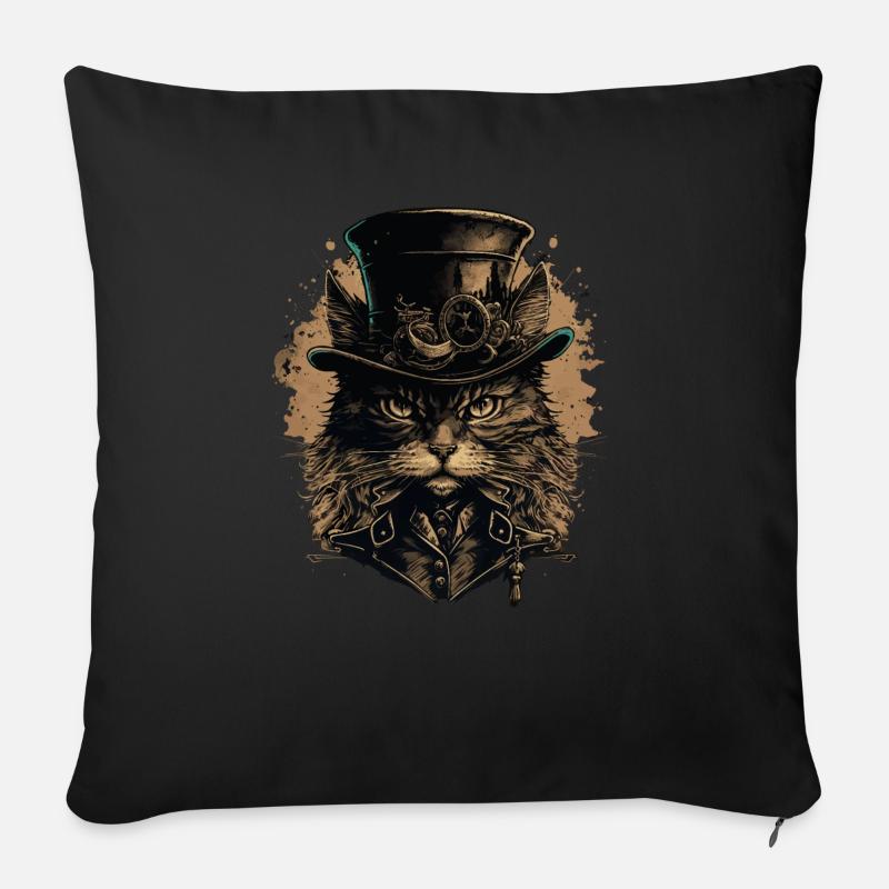 Chat Steampunk - Housse de coussin décorative 45 x 45 cm - noir
