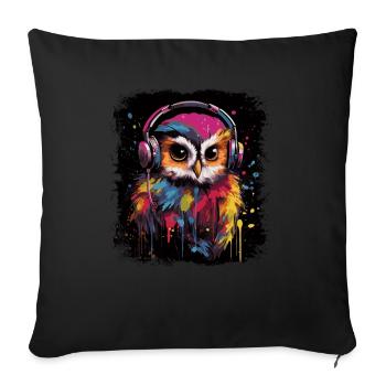 Lustige Eule hört Musik über Kopfhörer - Sofakissenbezug 45 x 45 cm - Schwarz - Vorne