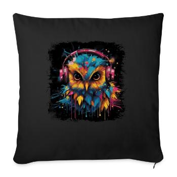 Discjockey Eule hört Musik über Kopfhörer - Sofakissenbezug 45 x 45 cm - Schwarz - Vorne