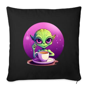 Midnight Coffee: Le buveur extraterrestre vert - Housse de coussin décorative 45 x 45 cm - noir - Devant